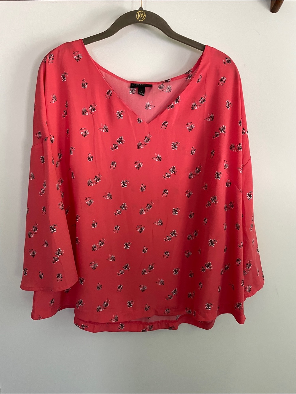Lane Bryant Bright Coral Pink V-Neck Floral Blouse